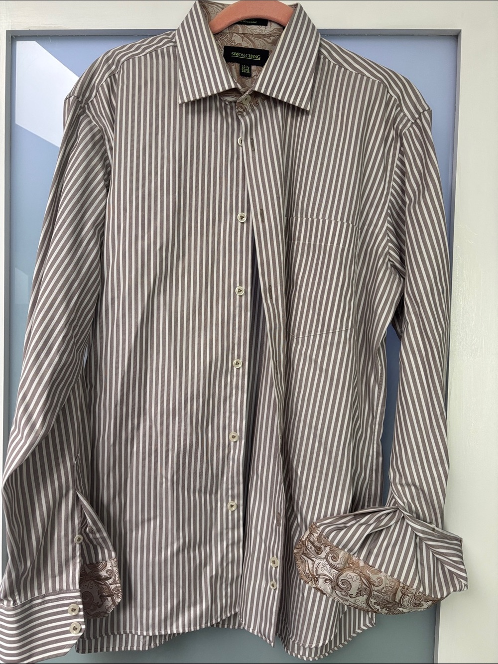 Simon Chang Men's Taupe and White Striped Dress Shirt with Paisley Cuff